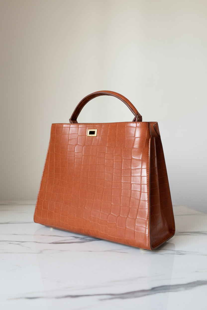 Fendi crocodile effect top handle bag with a gold tone Fendi strap